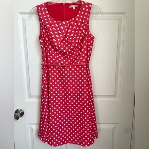 Summery salmon polka-dot midi dress with waist belt